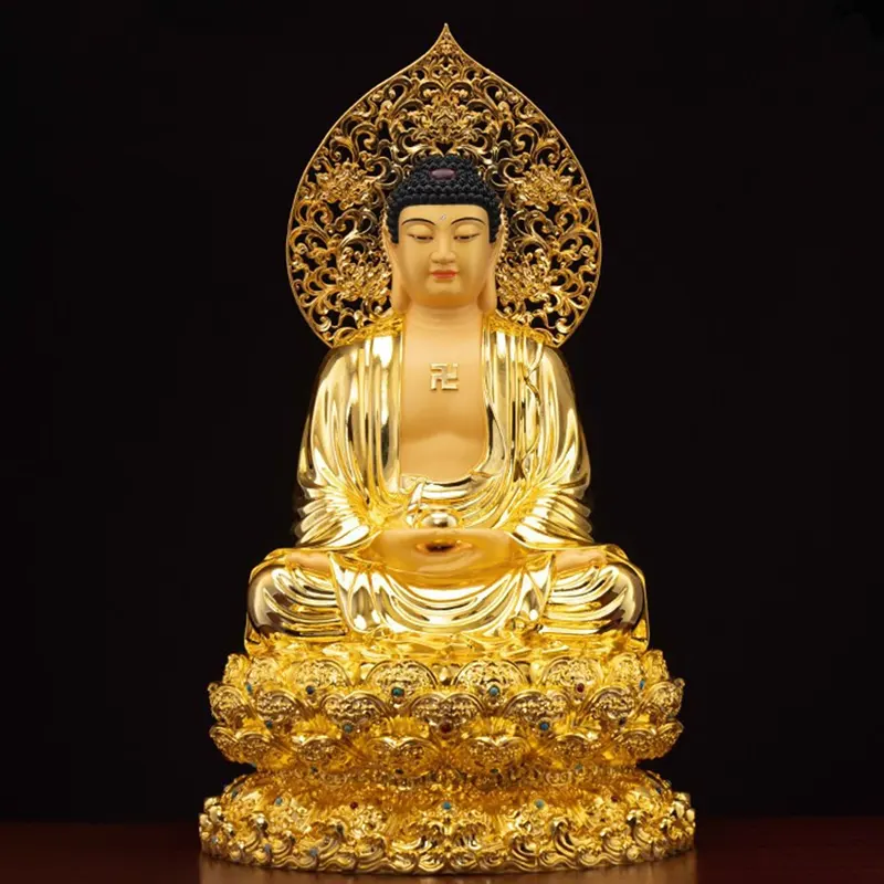 Kullattu messinki istuva Shakyamuni Buddha patsas
