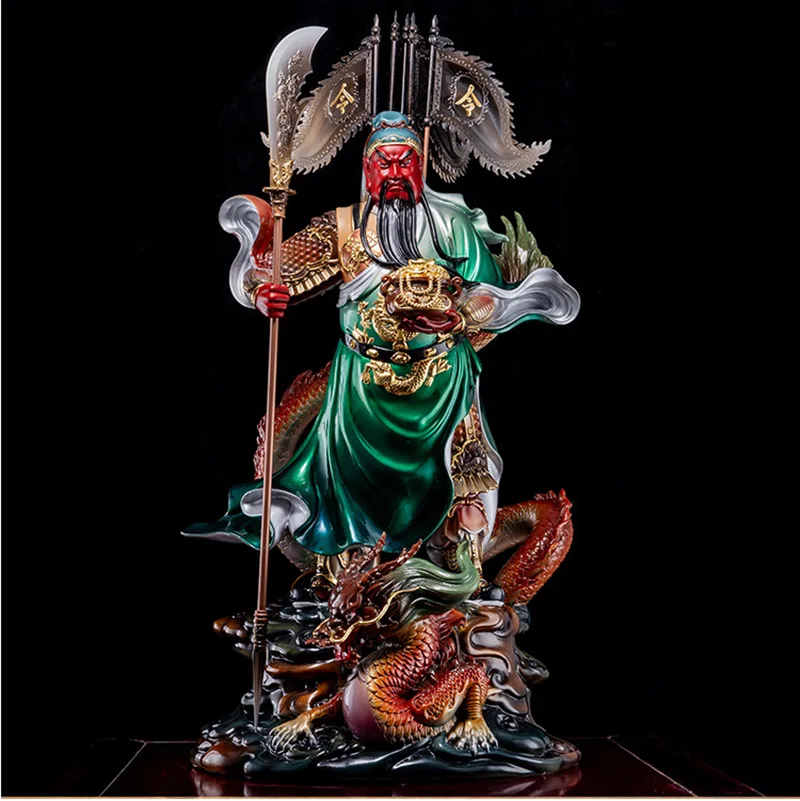 Puhdasta messinkiä ratsastava lohikäärme Guan Yu Fortune -patsas