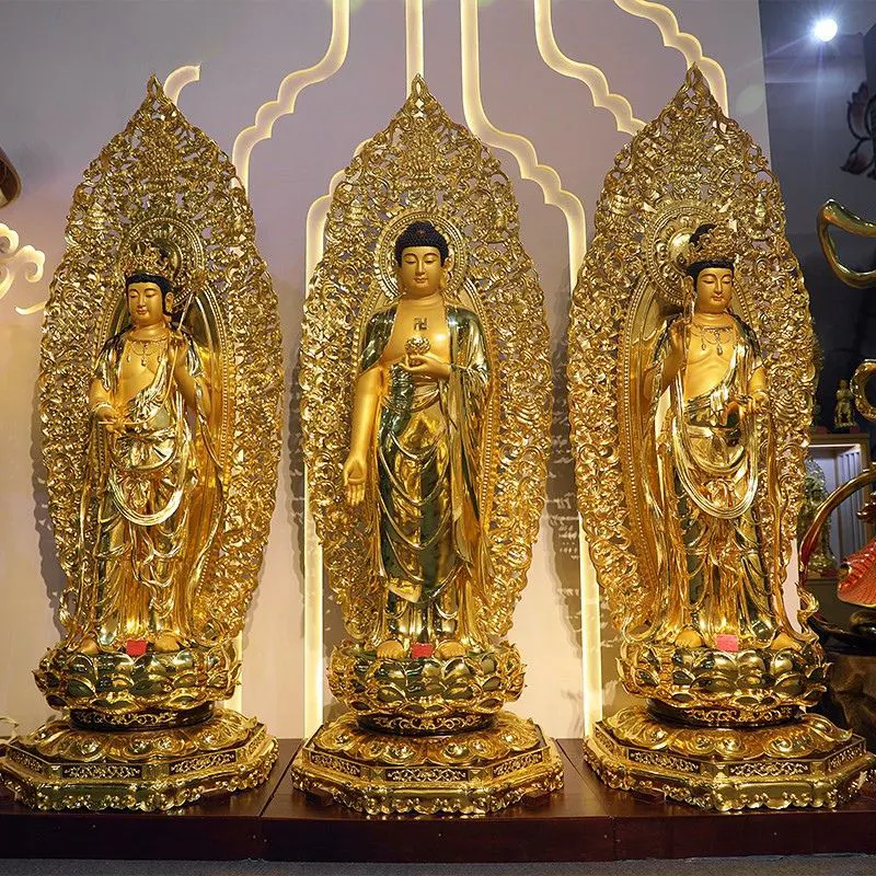 Puhdas kupari Länsi Kolmen Pyhän Buddha-patsas
